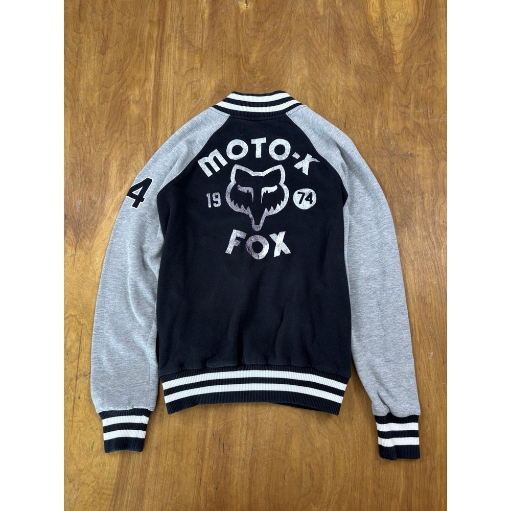 Fox Racing Moto-X Varsity Jacket Womens L Black Gray Full Zip Y2K Streetwear